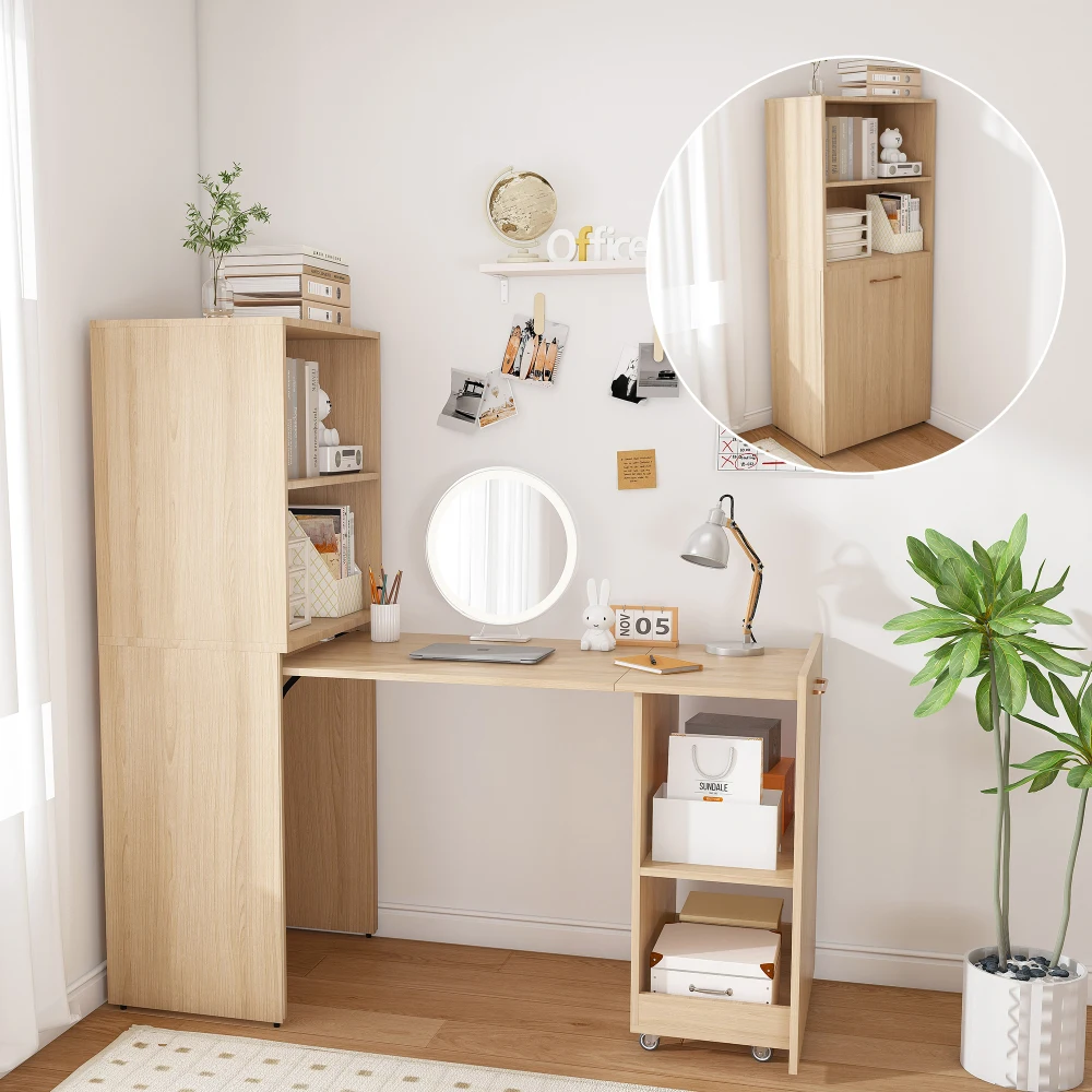 

Раздвижной складной офисный стол с полками для хранения и мобильными колесиками - для небольших помещений, цвет светло-бежевый