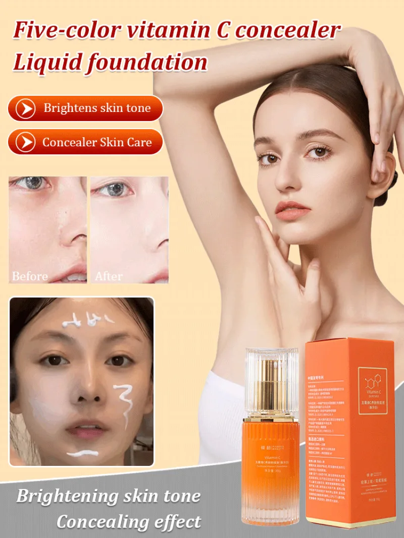 Five Vitamin C Skin Nourishing Foundation Ivory Natural Brightens Skin Tone Concealer Moisturizes Non-Sticky Improves