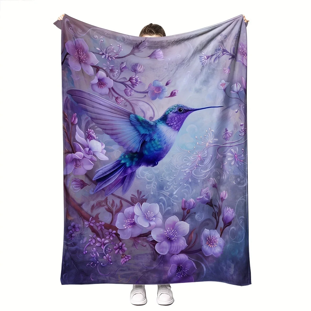 Luxurious Purple Hummingbird & Floral Throw Blanket - Soft Flannel, Reversible, All-Season Comfort - Ideal for Home Decor & Chri