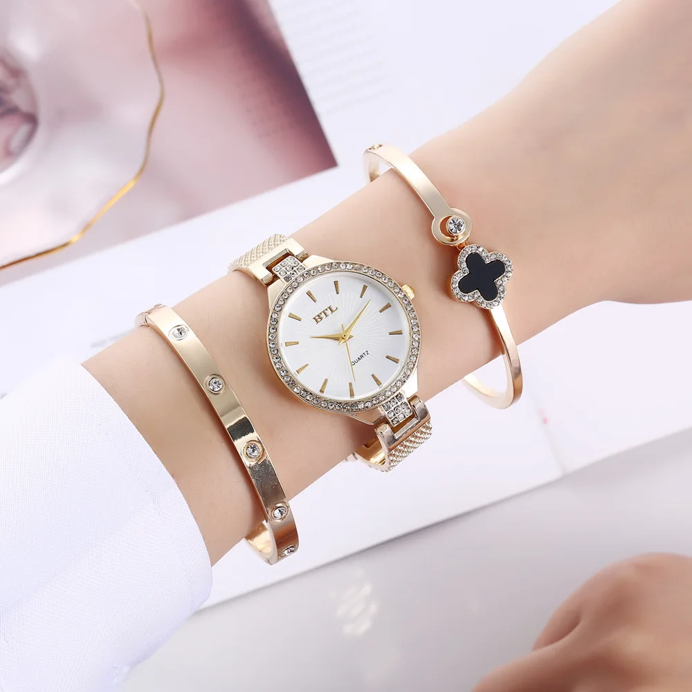 Women's Fashion  Quartz Watch with Thin Mesh Band and Bangle Set, 3pcs Set, Creative Exquisite Elegant Casual,Women's wristwatch