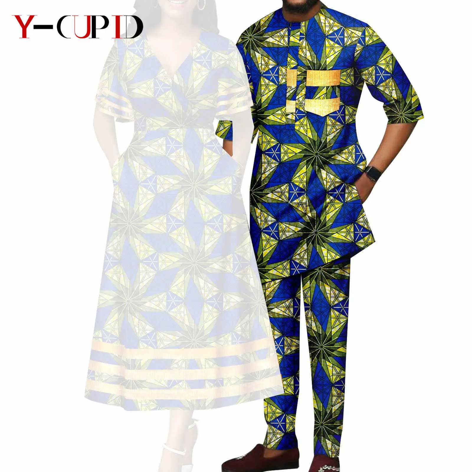 African Print V-neck Dresses for Women Couple Matching Men Outfits Top and Pant Sets Dashiki Bazin Riche Lover Outwear Y23C086