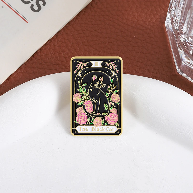 The Black Cat Tarot Enamel Pins Custom Night Sky Rose Brooches Lapel Badges Clothes Animal Jewelry Gift for Kids Friends