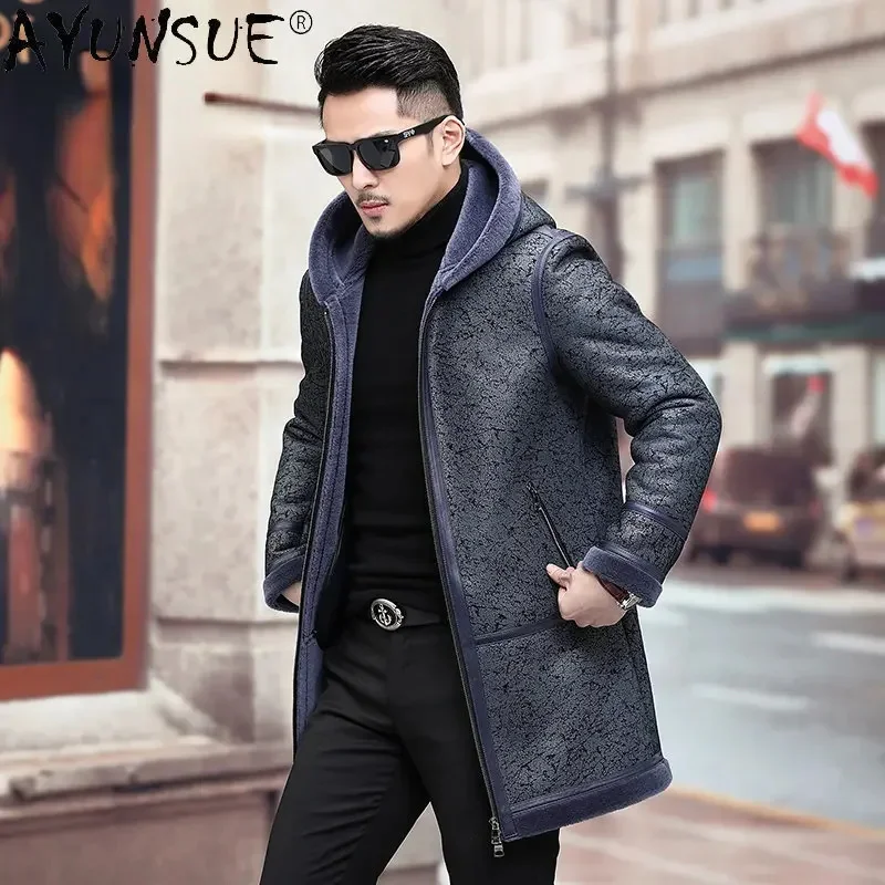 AYUNSUE Genuine Leather Jacket Winter Coats for Men Mid-length Sheepskin Coat Hooded Wool Fur Jackets Jaqueta Masculina SGG712