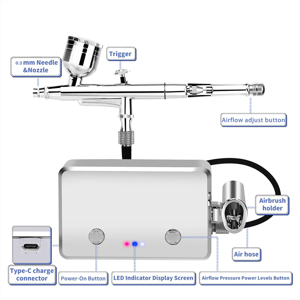 Aerógrafo Kit com Compressor, portátil, atualizado de dupla ação, pintura escova de ar, design das unhas, modelo artesanato, tatuagem