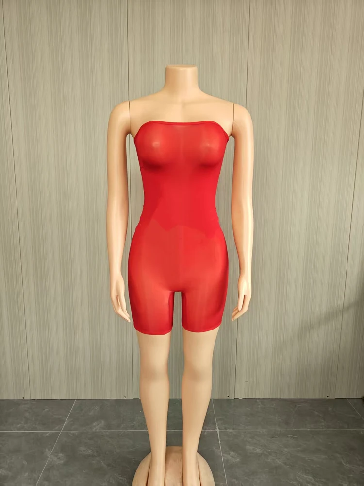 JENYAGE Damen trägerloser, hochtaillierter, durchsichtiger Netz-Overall, figurbetonter, eng anliegender Shorts-Jumpsuit, sexy Nachtclub-Party-Outfit, Schwarz – Detail 6