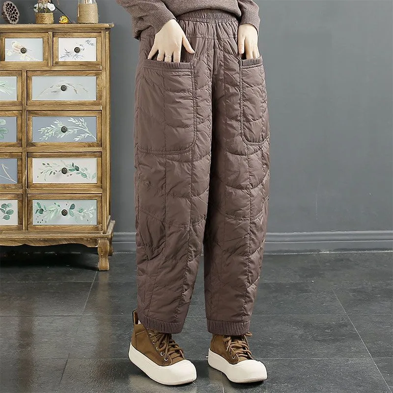 

Retro Artistic Color Plaid down Cotton Pants Thickened Warm Loose Casual Winter Large Size Women's Trousers
