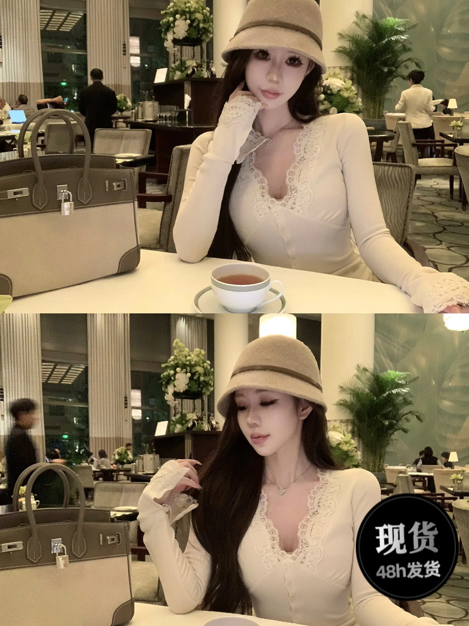 

Женский топ Kubiliv с кружевной отделкой, длинными рукавами, V-образным вырезом, облегающий, с завышенной талией, в корейском стиле, для повседневной носки