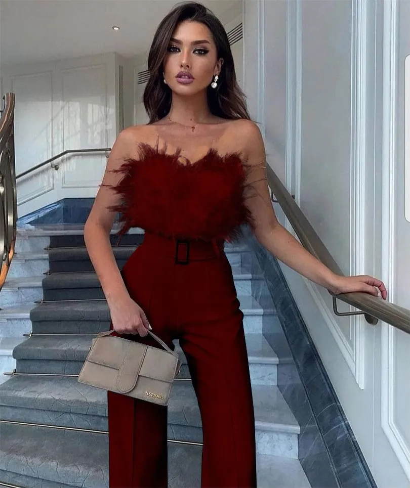 Elegant Feathers Off Shoulder Jumpsuit Women Backless Bodycon Rompers Sexy Solid Wide Leg Pantsuits Playsuit Overalls Clubwear