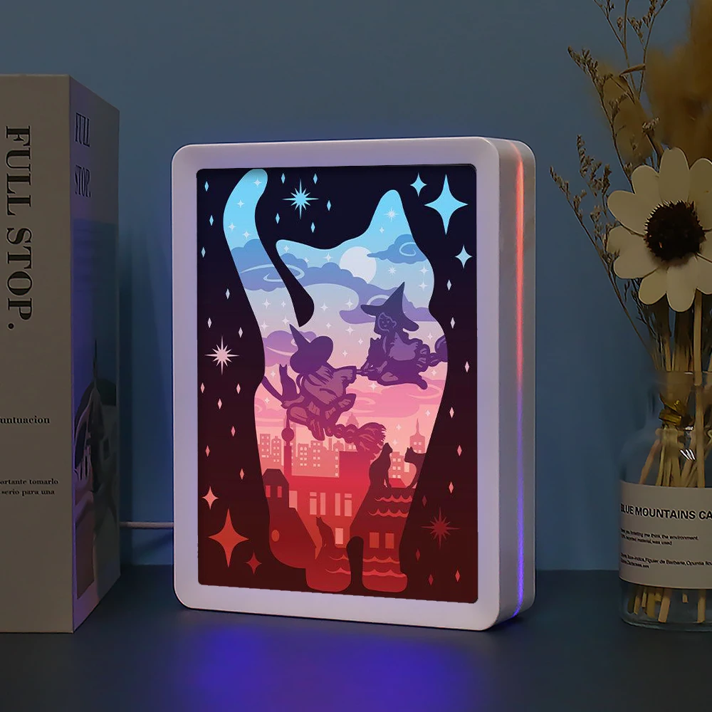 Cats And Witches Anime Light Box Anime Figurines Paper Cut Light Box 3D Shaow Box Frame Led Mood Light Home And Decoration Gift