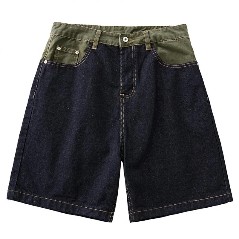 Men Denim shorts Color Block Patchwork Baggy Jeans Streetwear Harajuku Hip Hop
