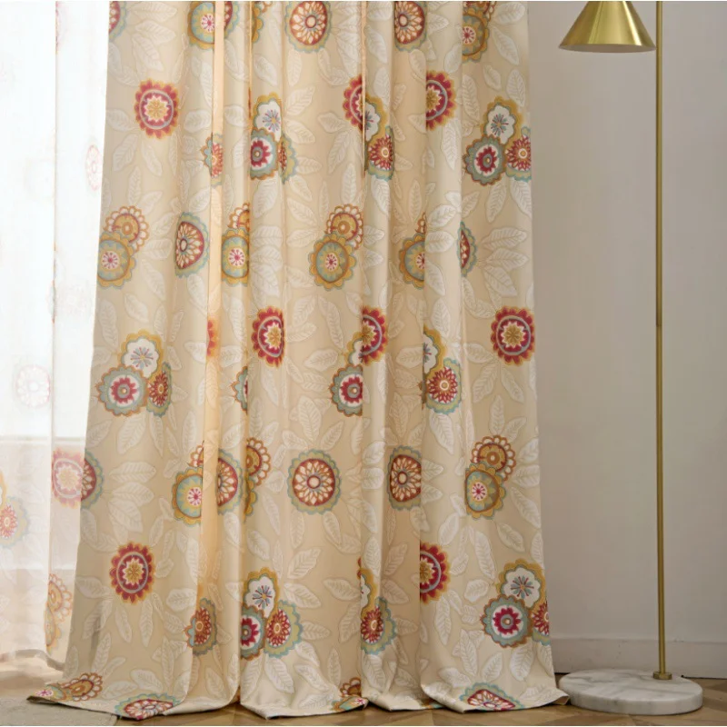 French Vintage Colorful Tropical Sunflower Print Curtain, Romantic Mid-Century Style Ideal for Balcony & Dining Room Use, No Dri