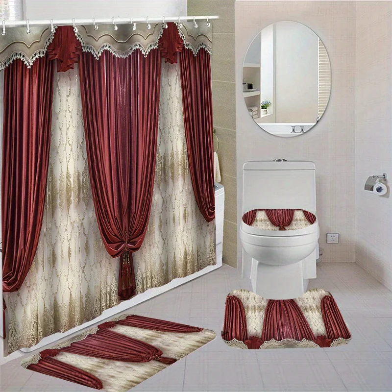 Chic waterproof shower curtain set with 12 hooks, non-slip bath mat, U-shaped toilet Rug & lid cover-durable polyester fabric,