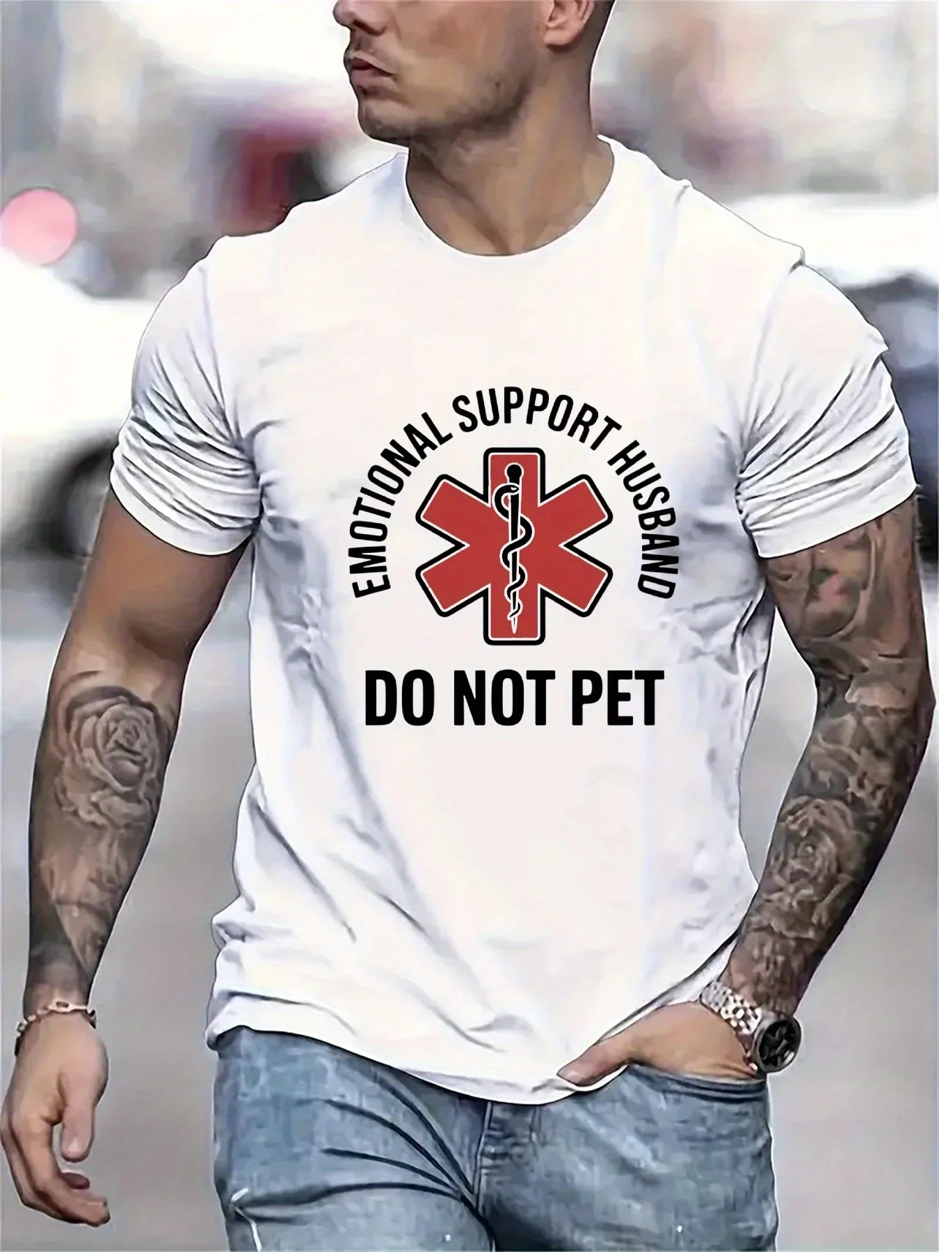 Humorous T-Shirt For Husbands - Emotional Support Husband (Do Not Touch) With Medical Cross Design - Black Shirt Featuring Red/G