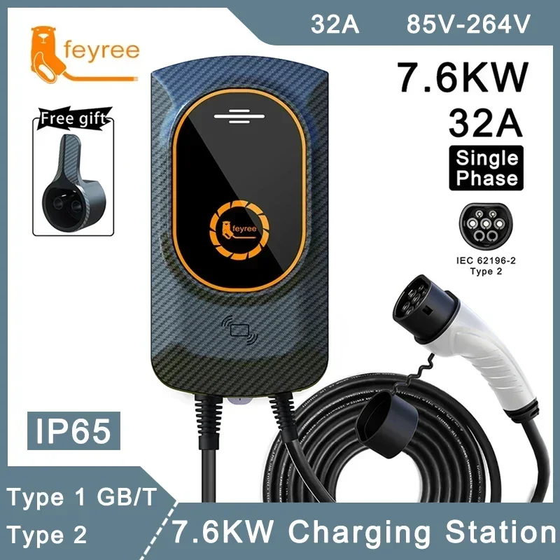 feyree EV Charger Type2 Cable 32A 7KW EVSE Wallbox IEC62196-2 Adapter Type1 j1772 1Phase for Electric Vehicle Charging Station