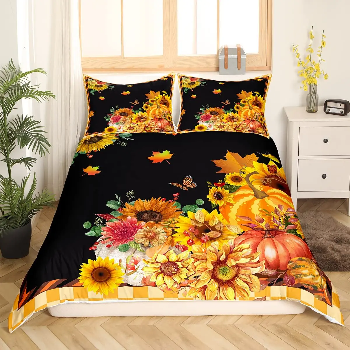 Fall Harvest Pumpkin Duvet Cover Kids, Bedding Set Comforter Cover with Pillowcases Room Decor Quilt Cover for Kids Teens Adult