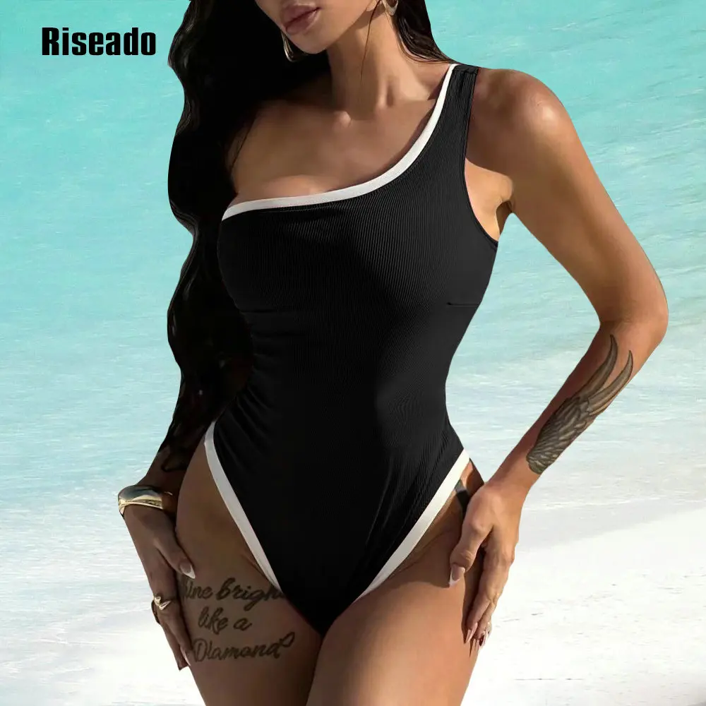 

Sexy One Shoulder Swimsuit HIgh Cut Women Ribbed Pink Bathing Suit Cutout 1 Piece Slimming Thong Swim Suit