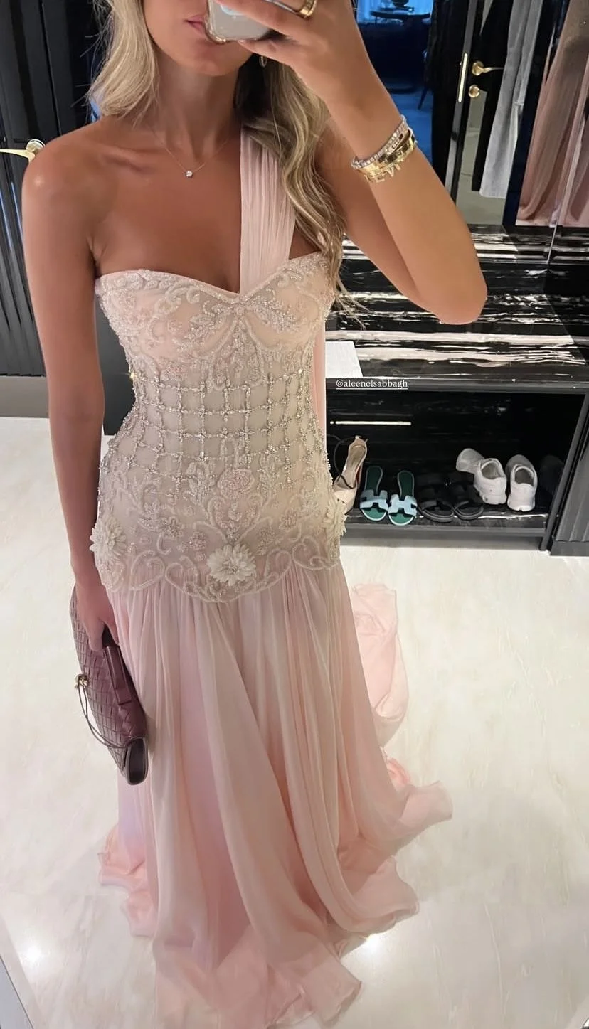 

Couture Dress Store Elegant One Shoulder A Line Evening Dress with Cape 3D Flowers Crystal Beaded Formal Party Gowns Customized