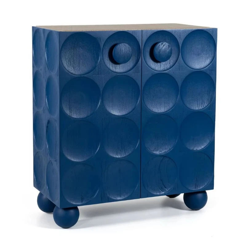Round wooden bar cabinet, blue, multi-compartment wine and beverage cabinet, modern interior furniture