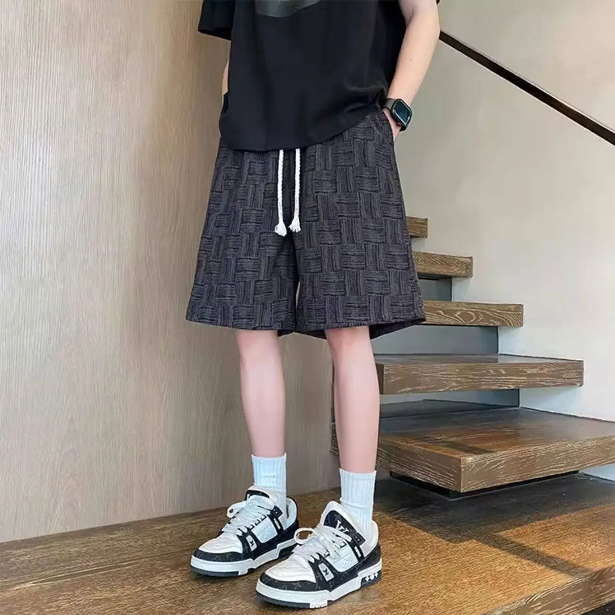 Men's Sporty Summer Short Pants Black Versatile Large Size 5-Length Casual Loose Fit Plaid Trousers Trendy Elastic Waist