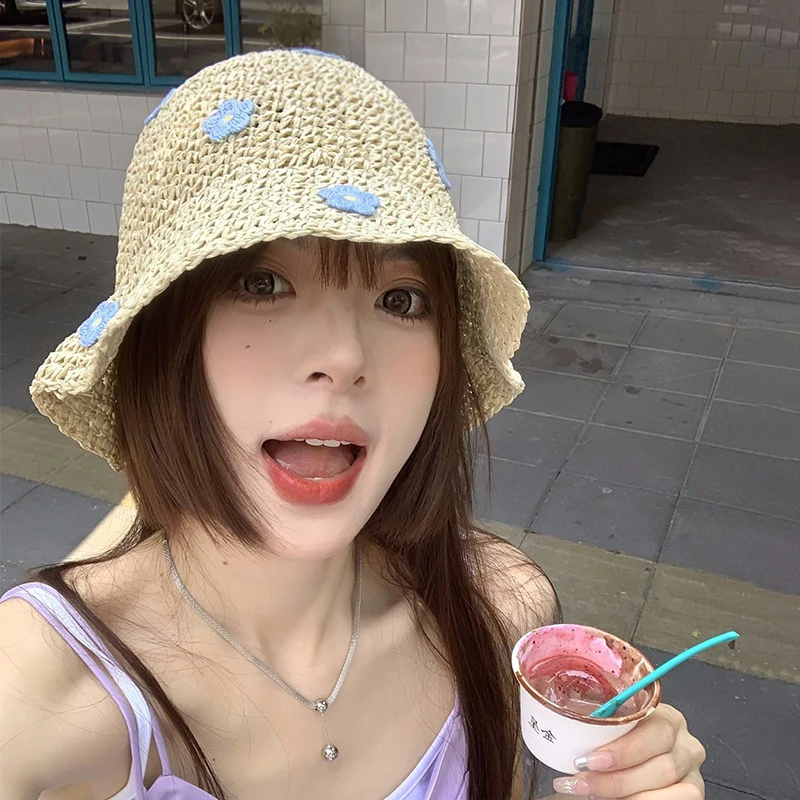 Flower Design Straw Fisherman Hat Women's Summer Braided Straw Hat Holiday Beach Breathable Sunshade Panama Hat New Sun Cap