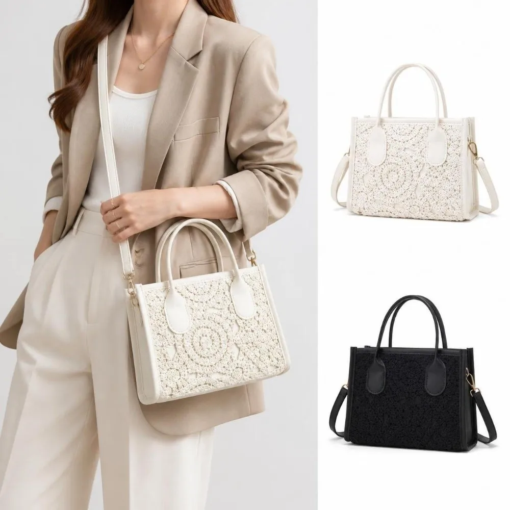 Removable Shoulder Strap Tote Bag Floral Crochet Lightweight Hollow Lace Handbag Large Capacity Hollow Lace Crossbody Bag Women
