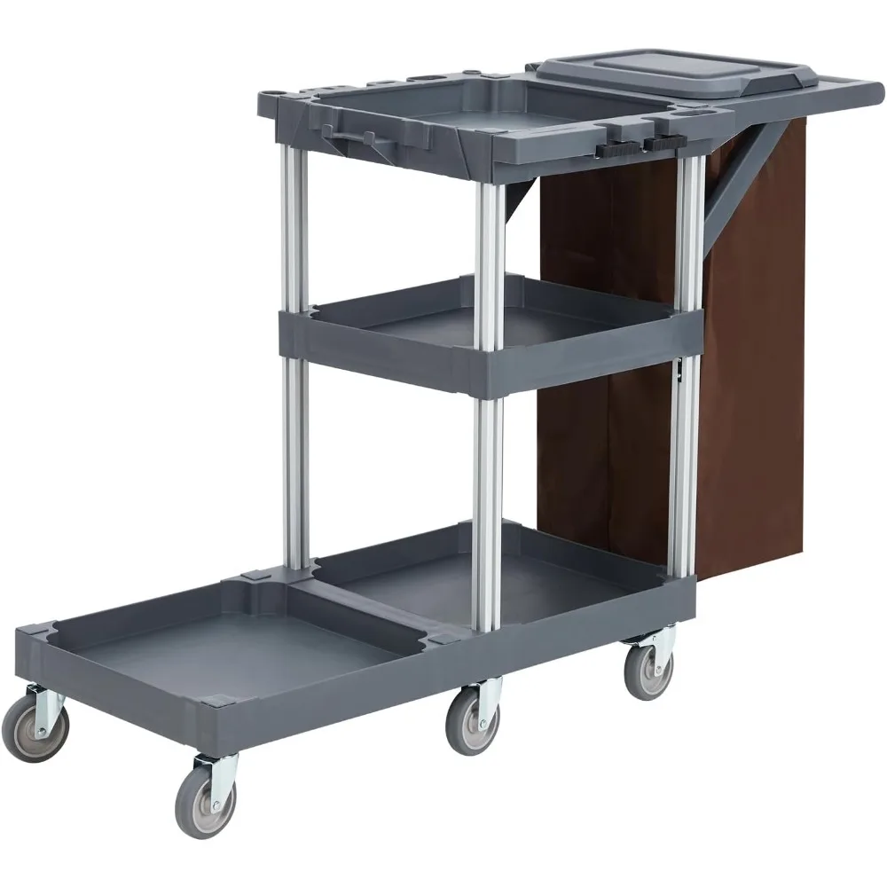 

Традиционная тележка для чистки с 3 полками Janitorial на колесиках с виниловым мешком на молнии емкостью 25 галлонов и крышкой для магазинов и школ