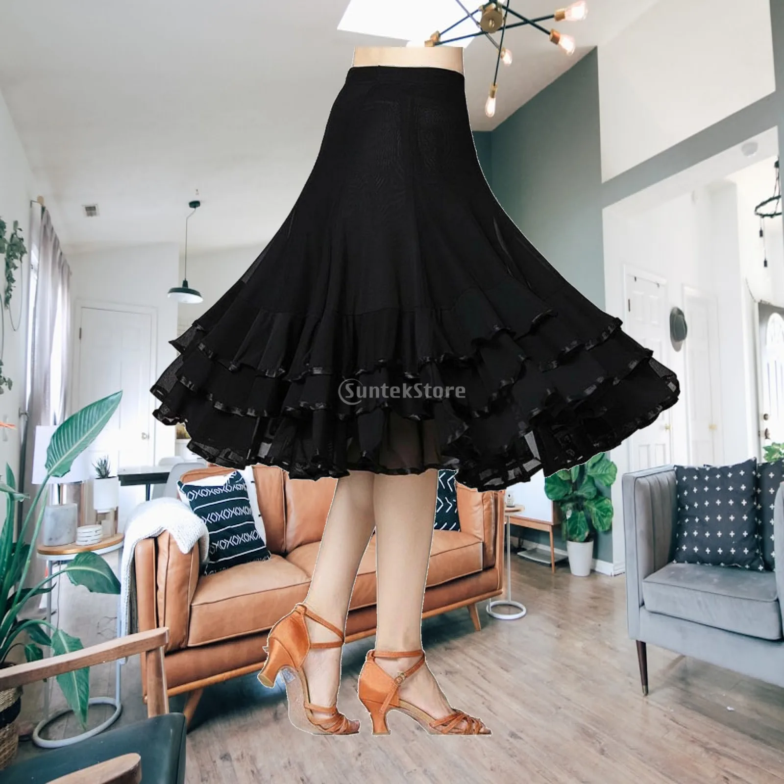 360 Degree Billow Dance Skirt Elastic Waistband Latin Dance Practice Skirt for Dancers, Artists