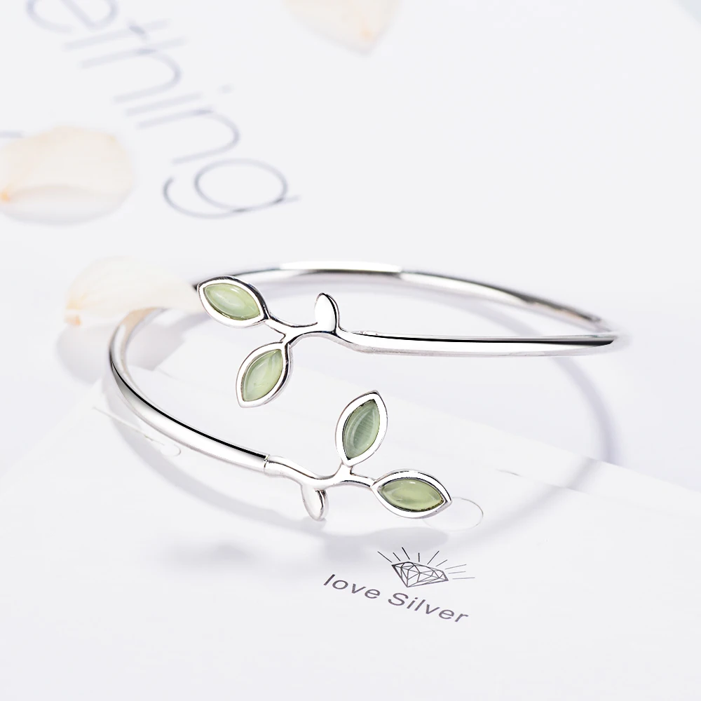 MEEKCAT 925 Sterling Silver Enamel Green Olive branch Leaves Open Cuff Bracelets & Bangles For Women Fashion Jewelry
