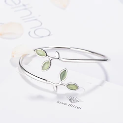 MEEKCAT 925 Sterling Silver Enamel Green Olive branch Leaves Open Cuff Bracelets & Bangles For Women Fashion Jewelry