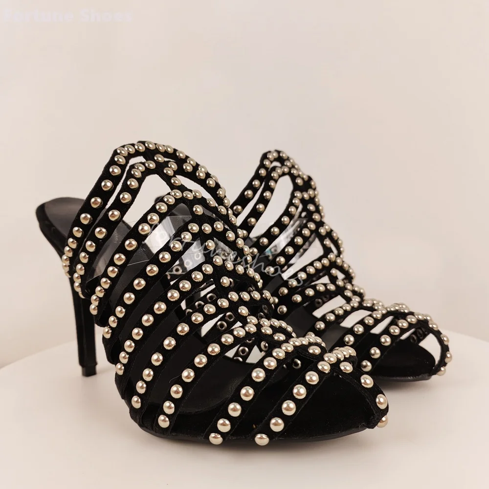 

Pearl Rivet Hollow High Heels Women Black Elegant Round Toe Stiletto Heel Crystal Slippers Summer New Party Prom Pull On Mules