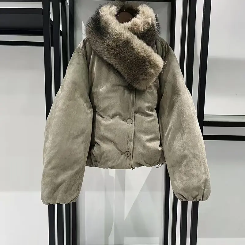 Women's Eco-Friendly Suede Jacket, Fur Collar, Short-Length Warm Puffer Coat, High-Quality Parka, 2025, Winter, New Arrival, Y2K