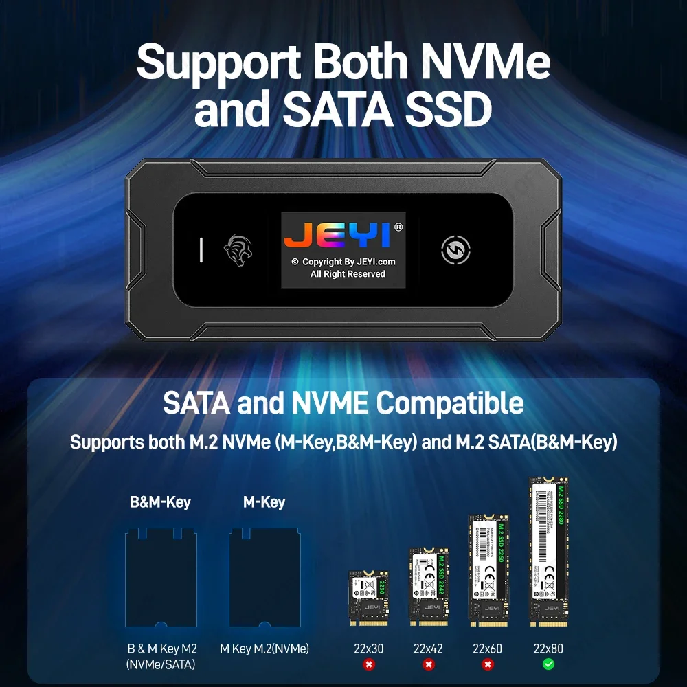 JEYI Visual Smart M.2 NVMe/SATA SSD-Gehäuse, USB 3.2 10 Gbit/s, 10 Set-Modi, Echtzeit-Temperaturunterstützung, M-Key B+M Key UASP