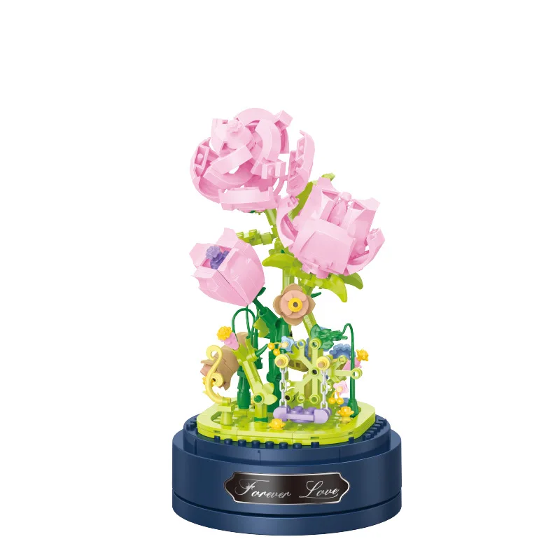 Creative Building Bricks Eternal Flowers Music Box With Dust Cover Chrysanthemum Rose Mini Block Figures Toys For Girls Gifts