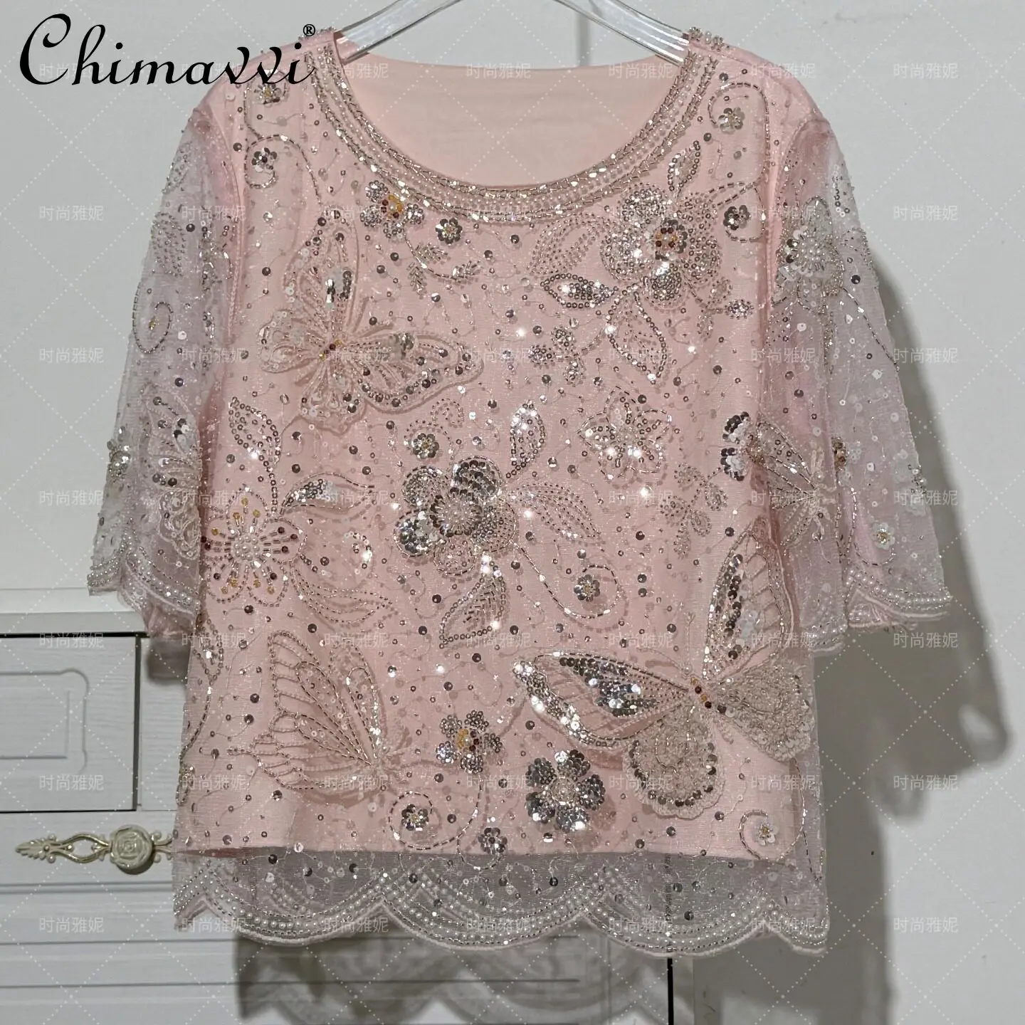 

Fashion Heavy Sequin Pearl Beading Lace Shirt Women's 2026 Summer New Sweet Girl Half Sleeve Round Neck Flower Butterfly Tops