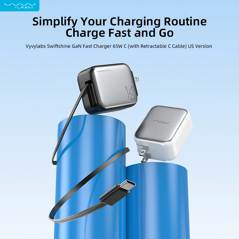 

Vyvylabs GaN Fast Charger USB C Wall Charger Block 65W with Retractable C Cable for iPhone 16/15/MacBook/iPad/Galaxy/Android