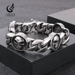 Fongten 23cm Skeleton Bracelets For Men Stainless Steel Cuban Chain Skull Charm Bracelet Silver Color Gothic Curb Bangle Jewelry