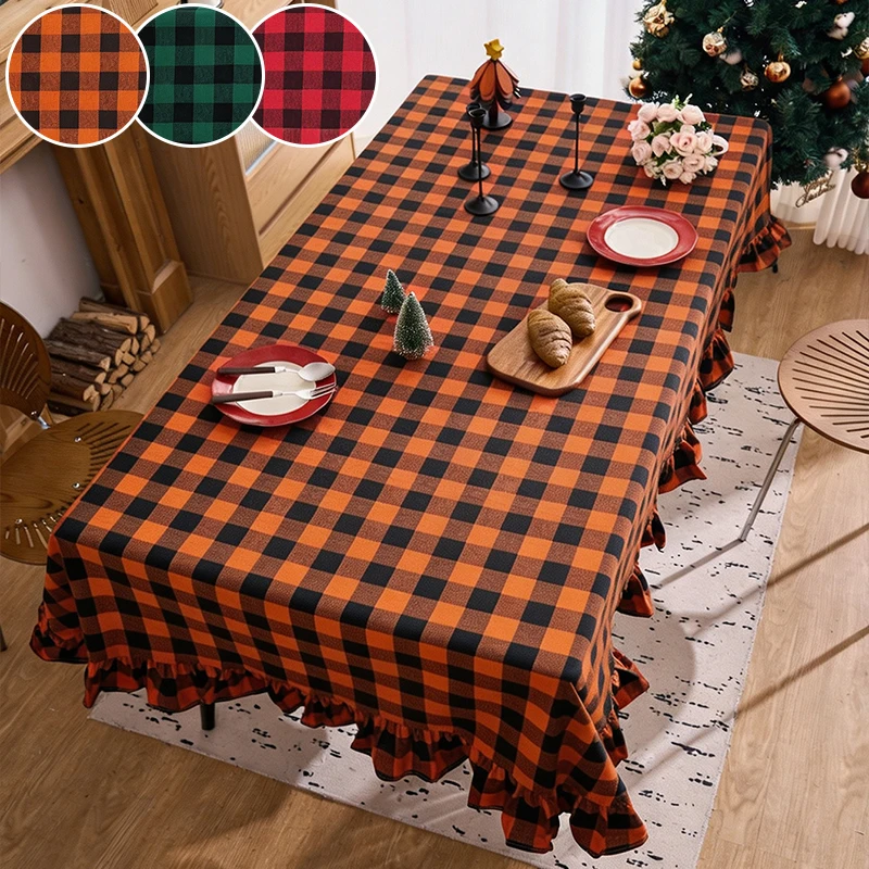 1Pc Halloween Retro Checkered Ruffled Tablecloth for Christmas Decoration, Suitable for Home Restaurants and Holiday Gatherings