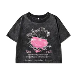 Women Cotton Crop Washed T-Shirts Street Life Women'S Heart Slogan Prints Tops Oversize O-Neck Distressed Fashion Female Clothes