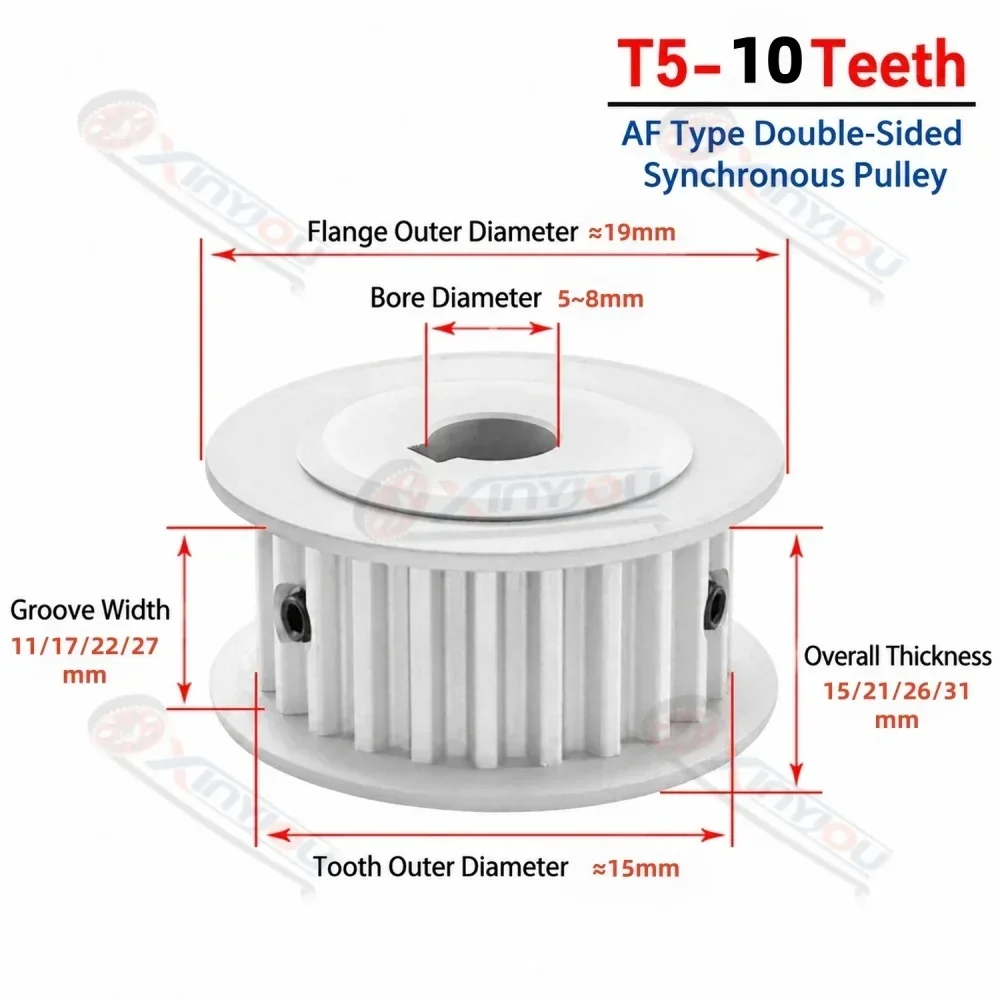 T5 10-15T Timing Pulley AF Synchronous Wheel 11-27mm for 10-25mm Belt Aluminum Bore 8-25mm Keyway Set Screws CNC Router 3D Robot