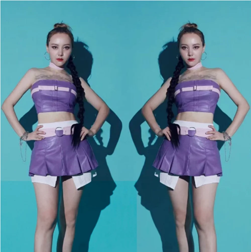 Purple Jazz Dance Costume Tops Skirt Nigtclub Bar Dancer Performance Clothes Kpop Outfit Party Rave Clothing Clubwear