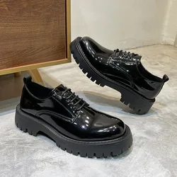 Korean style mens casual business wedding formal dresses patent leather shoes lace-up platform shoe black gentleman footwear man