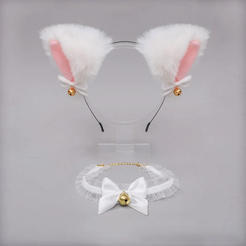 Cute Cat Ears Headband Necklace Plush Rabbit Ear Hairband Jewelry For Women Girl Party Headwear Cosplay Choker Hair Accessories