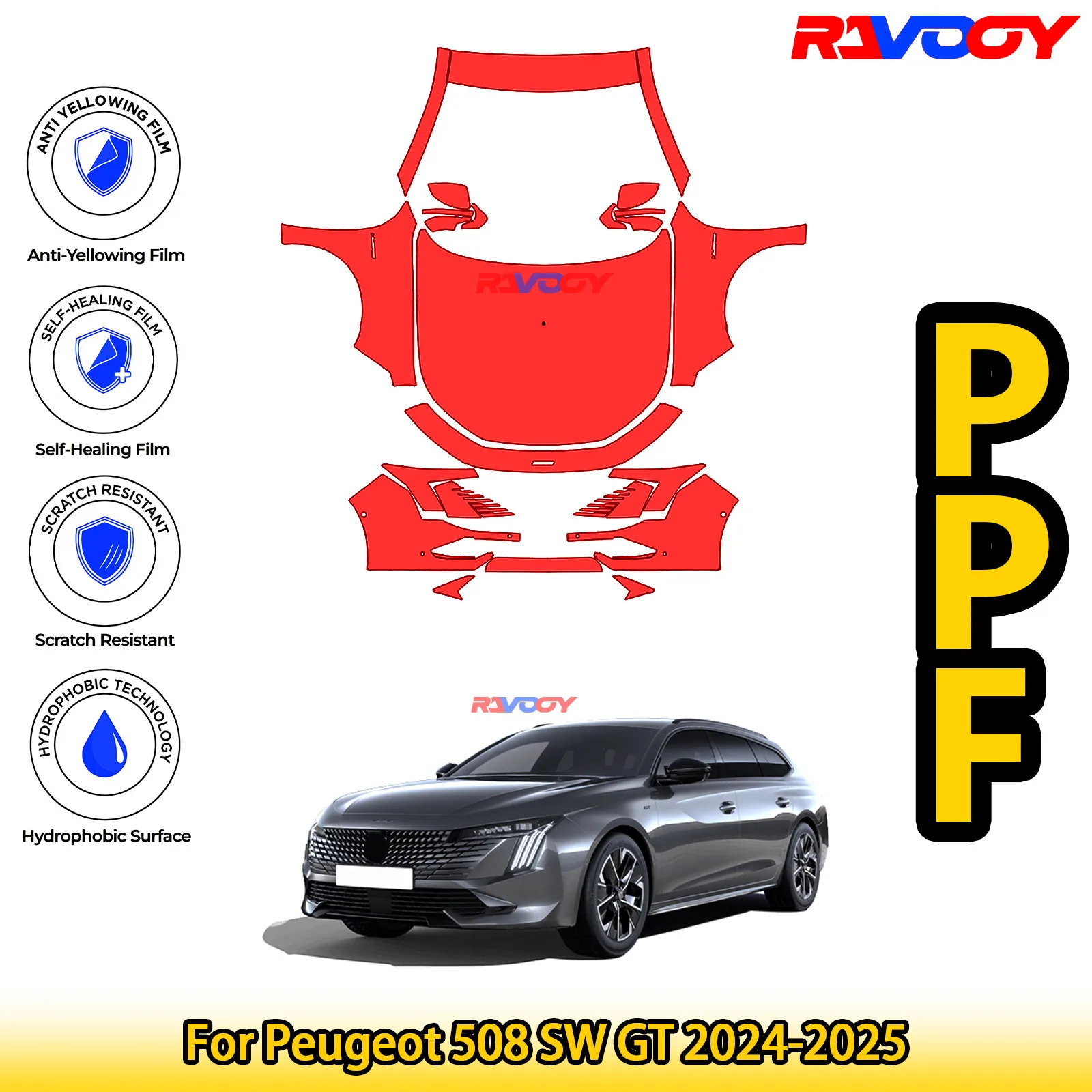 

Для Peugeot 508 SW GT 2024-2025 глянцевый матовый черный предварительно вырезанный передний комплект PPF, защитная пленка для краски