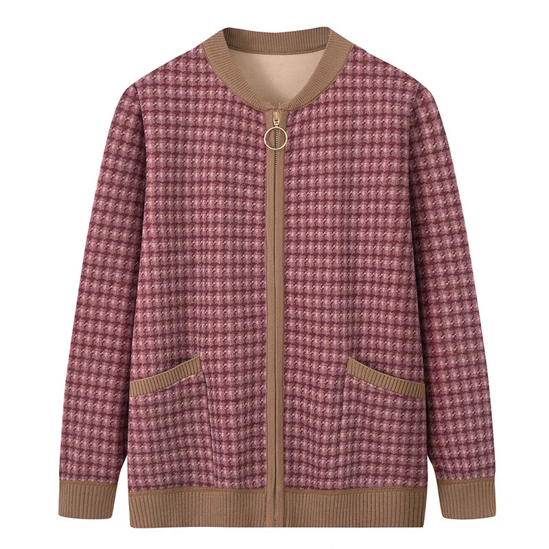 

Woman Clothing Knitting Plaid Middle Aged Mother Cardigan Jacket Autumn Winter Women's Sweater Knitwear Top Female Coat M-3XL
