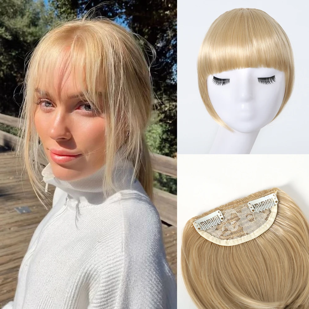 Blond Bangs Clip in Fringe with Temple Hairpieces French Thick Bang Synthetic Hair Extension Women Daily Party Use Clip on Hair