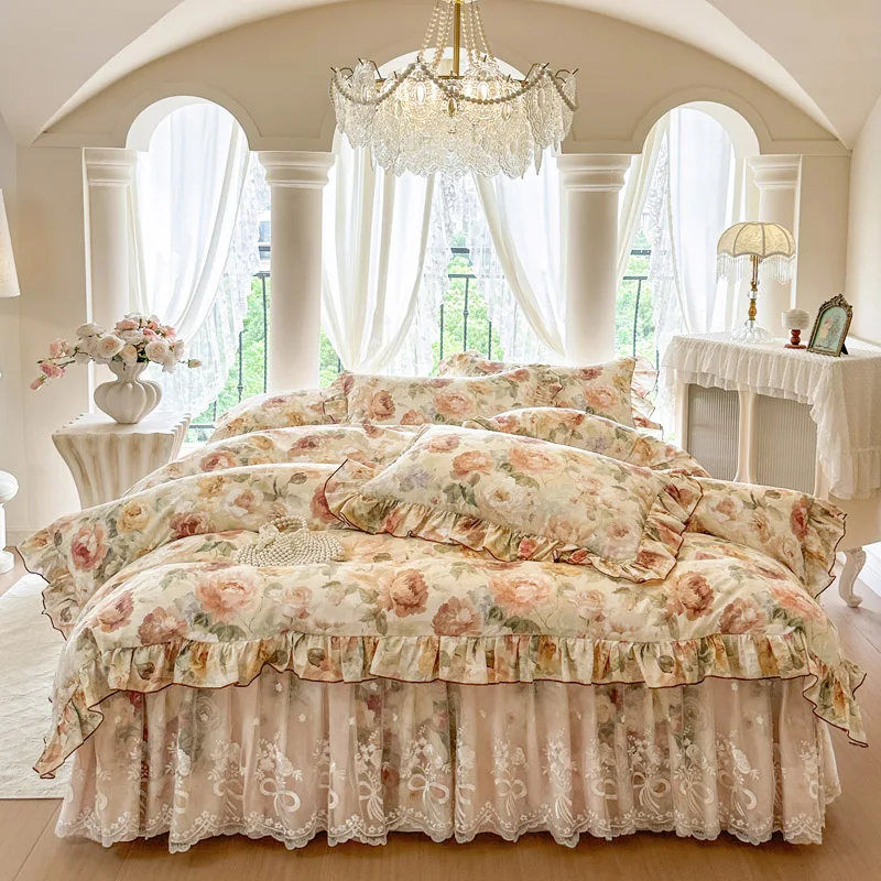 100% Cotton Vintage Rose Floral Print Bedding Set Lace Ruffle Bed Skirt Duvet Cover Set Pillowcases Home Textile Bedroom Decor