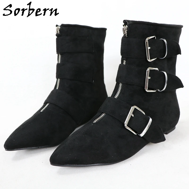 Sorbern Black Flat Heel Ankle Boots For Women Wide Ankle Front Zipper Pointed Toe Buckles Straps Custom Multi Colors