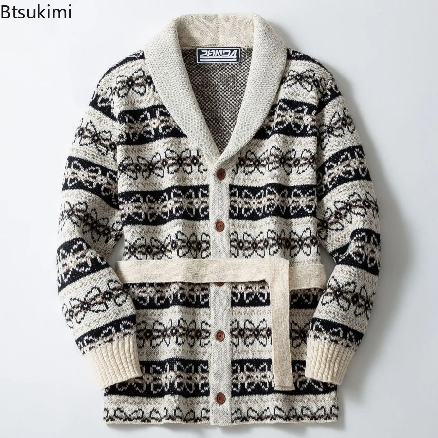 New Men's Thicken Mid-length Knit Cardigan Sweater High Grade Jacquard Sweater Coats with Belt Autumn Winter Basic Warm Sweaters
