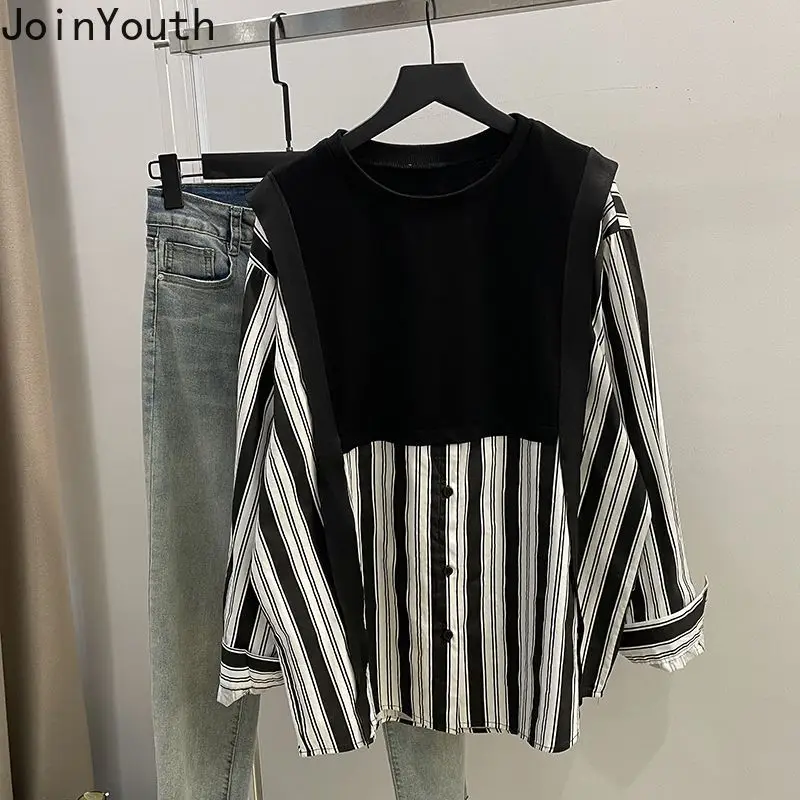 Oversized Blouses Women Clothing Patchwork Striped Shirts Chic Fake Two Fashion Casual Blouse Tosp 2025 Blusas Mujer De Moda