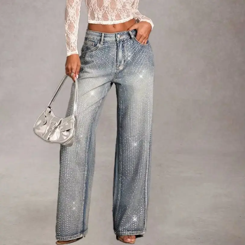 Full-Drill High-Waist Wide-Leg Denim Jeans Women Sparkling Water Diamond Long Pant Jeans Trendy Hot Girl Street Style Trousers
